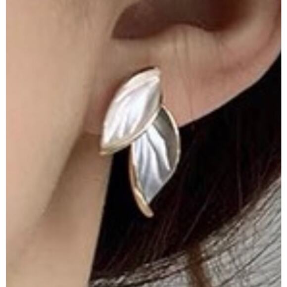 Ivory and Green Leaf Stud Earrings - Picture 2 of 2